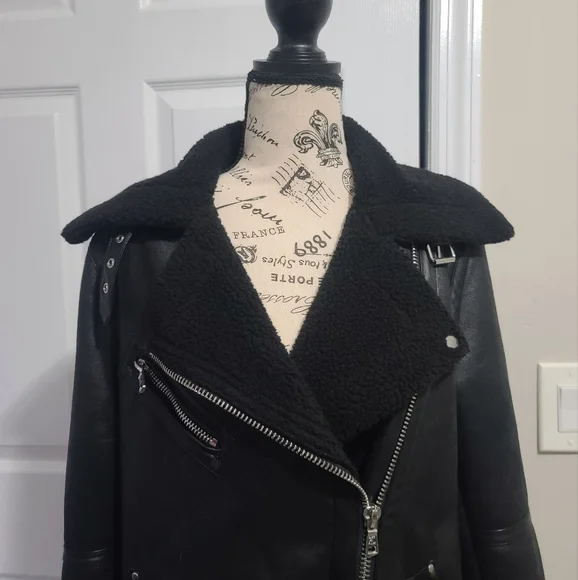 Avec Les Filles Faux Shearling Trim Faux Leather Oversized Biker Moto Jacket XS - Picture 5 of 13